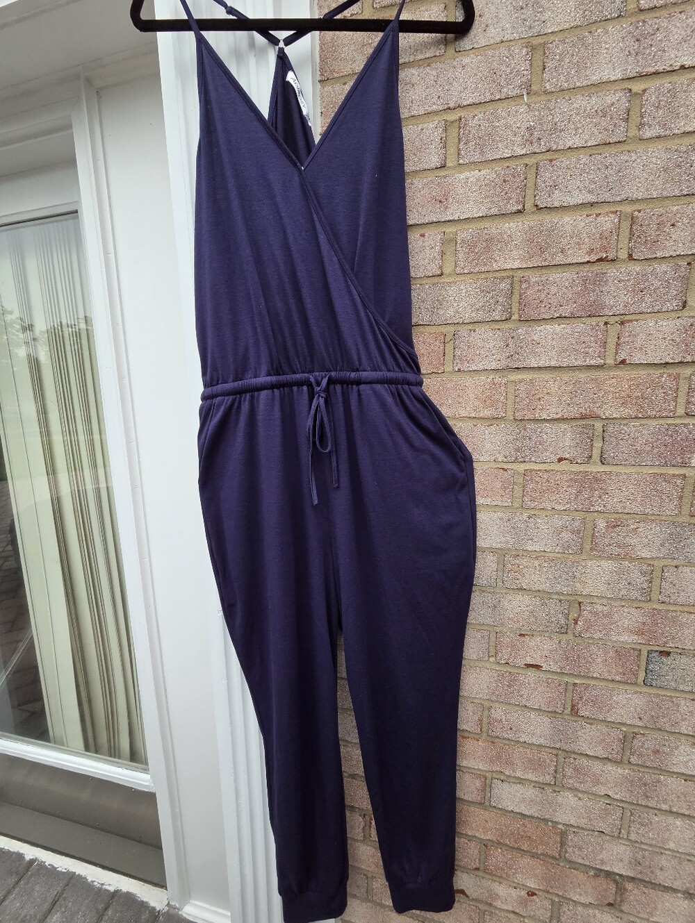 Adibosy Dark Navy V-Neck Knit Sleeveless Jumpsuit Pockects Drawstring Waist Sz M